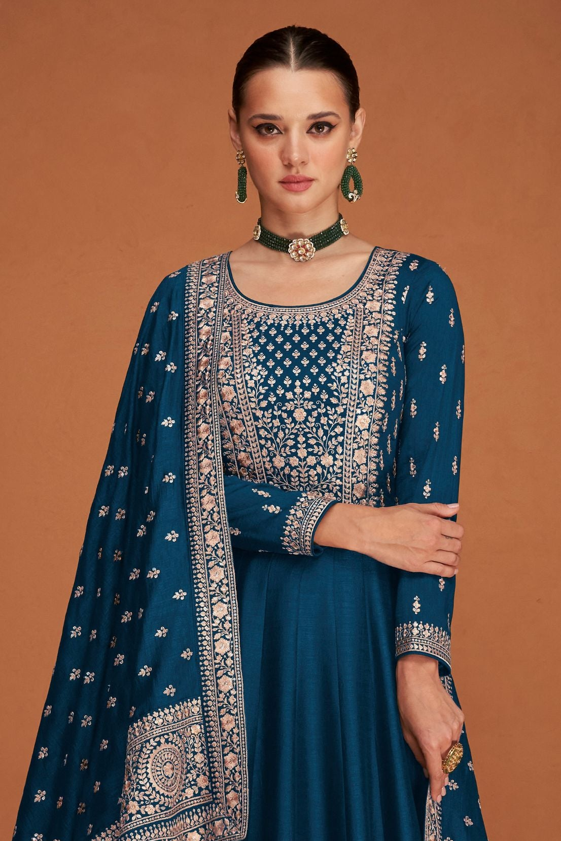 Teal Chinon Silk Anarkali Suit for Indian Wedding Guest Outfits - Thread Embroidery Work