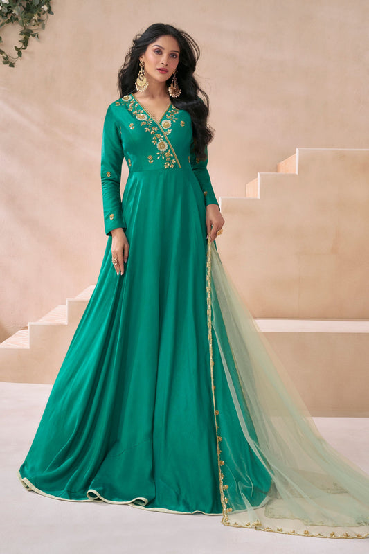Green Silk Floor Full Length Flower Embroidered Anarkali Gown For Indian Festivals & Weddings - Embroidery Work