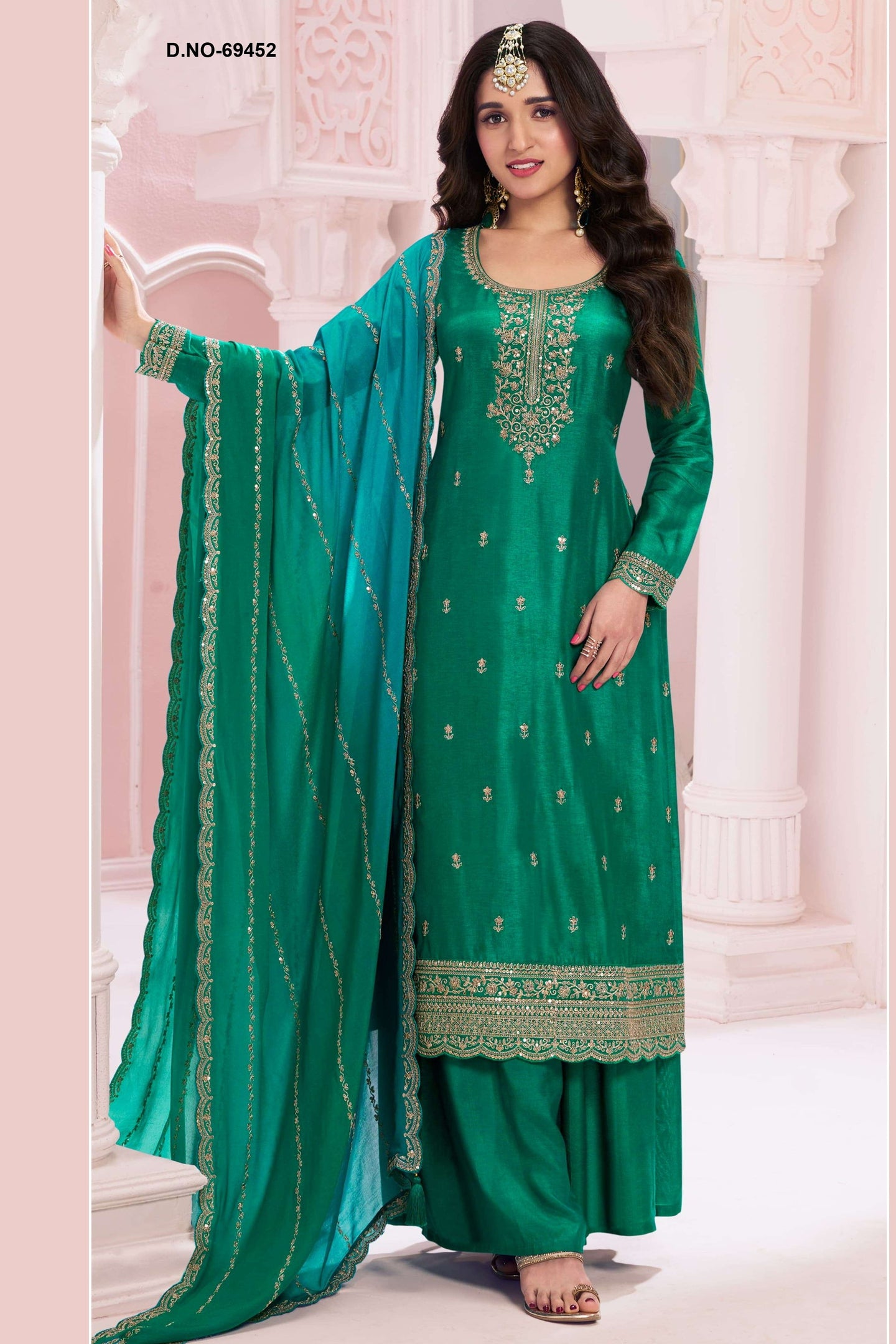 Green Silk Georgette Plazo Suit For Indian & Pakistani Wedding Festival - Embroidery Work