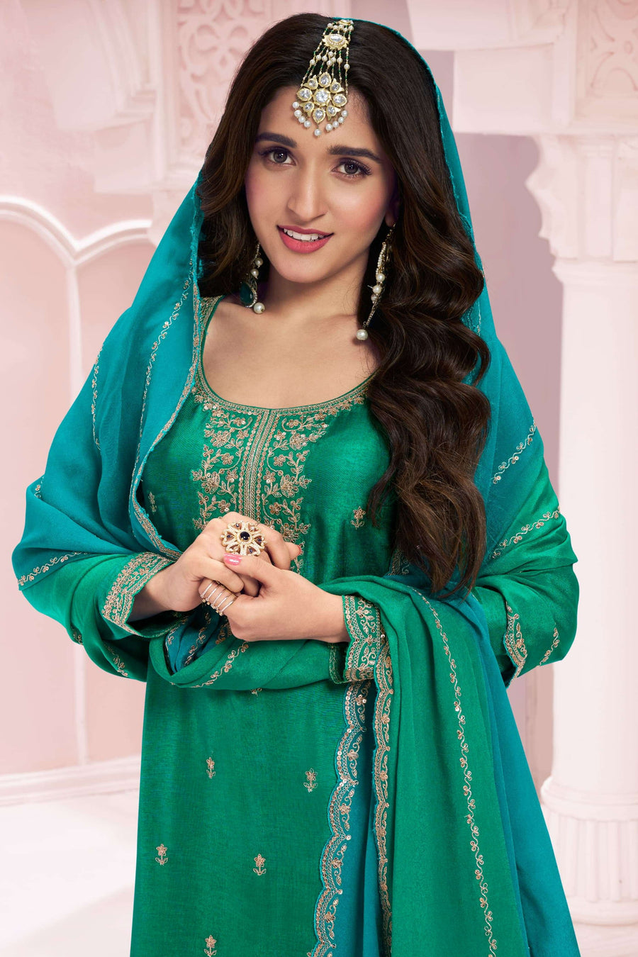 Green Silk Georgette Plazo Suit for Indian Wedding Guest Dresses Mehndi - Embroidery Work Unstitched Green Silk Georgette Plazo Suit for Indian Wedding Guest Dresses Mehndi - Embroidery Work Unstitched