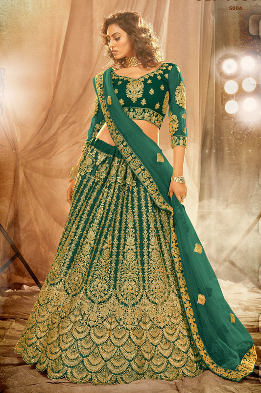 Green Pakistani Silk Lehenga Choli For Indian Festivals & Weddings - Sequence Embroidery Work, Thread Embroidery Work,