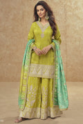 Green Simar Silk Plazo Suit For Indian Festivals & Weddings - Embroidery Work, Print Work