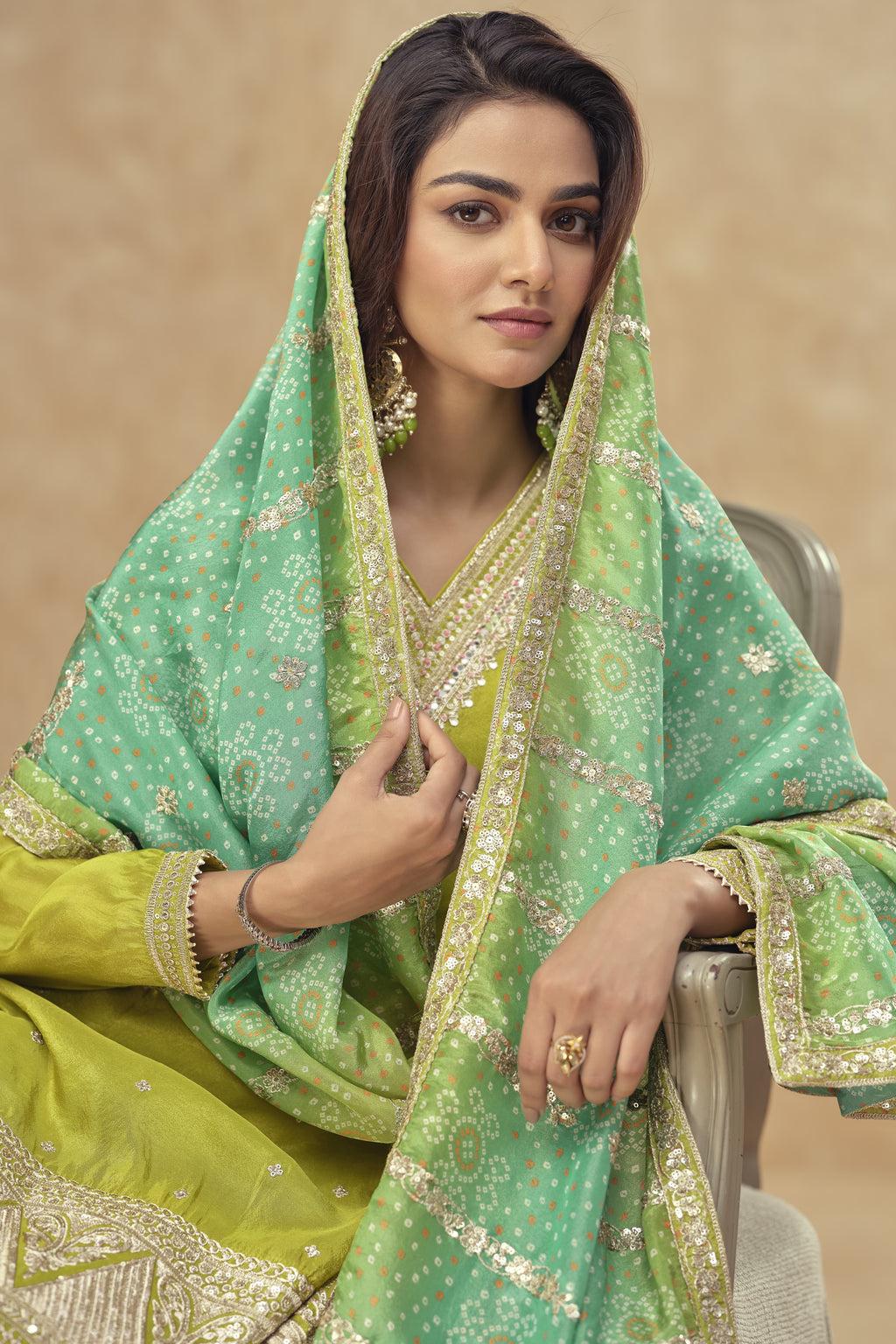 Green Simar Silk Plazo Suit For Indian Festivals & Weddings - Embroidery Work, Print Work