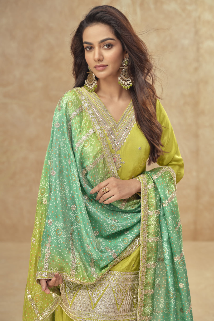 Green Simar Silk Plazo Suit For Indian Festivals & Weddings - Embroidery Work, Print Work