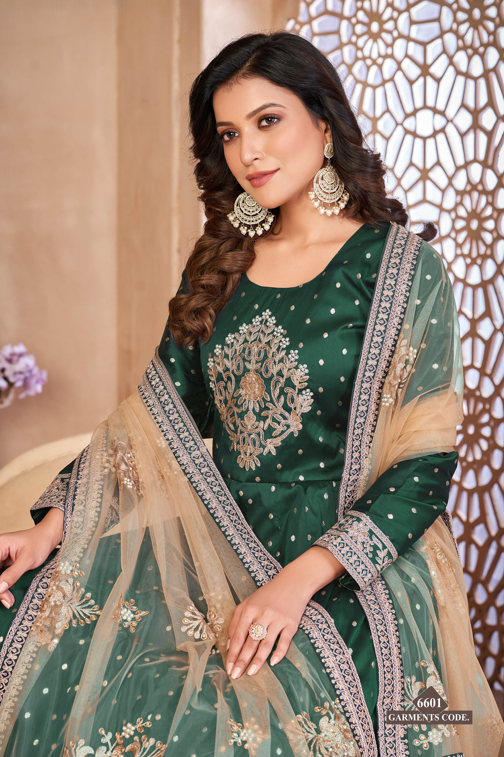 Green Taffeta Silk Anarkali Suit for Ladies with Thread and Sequins Embroidery