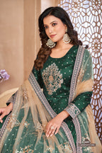 Green Taffeta Silk Anarkali Suit for Ladies with Thread and Sequins Embroidery