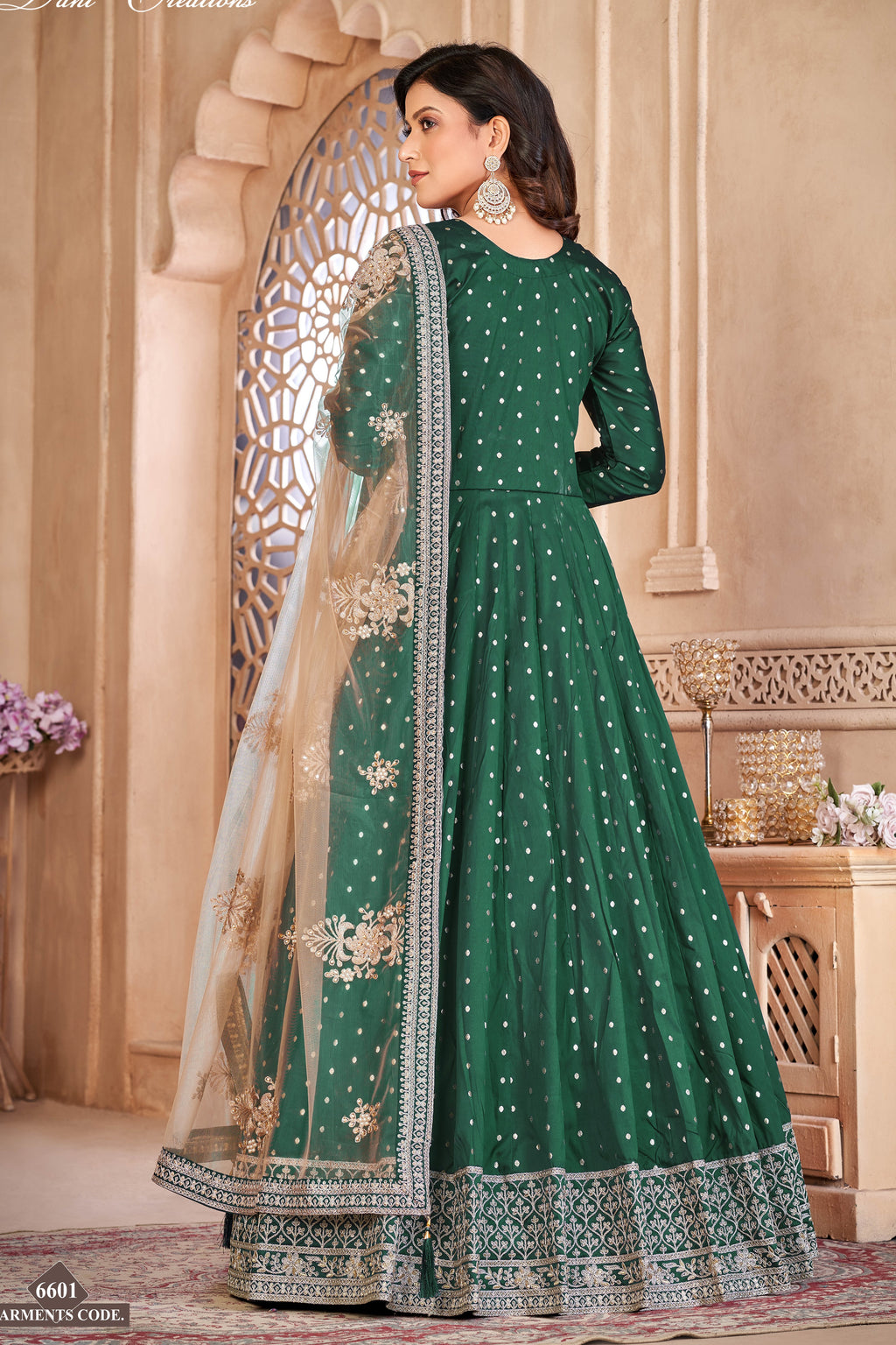 Green Taffeta Silk Anarkali Suit for Ladies with Thread and Sequins Embroidery