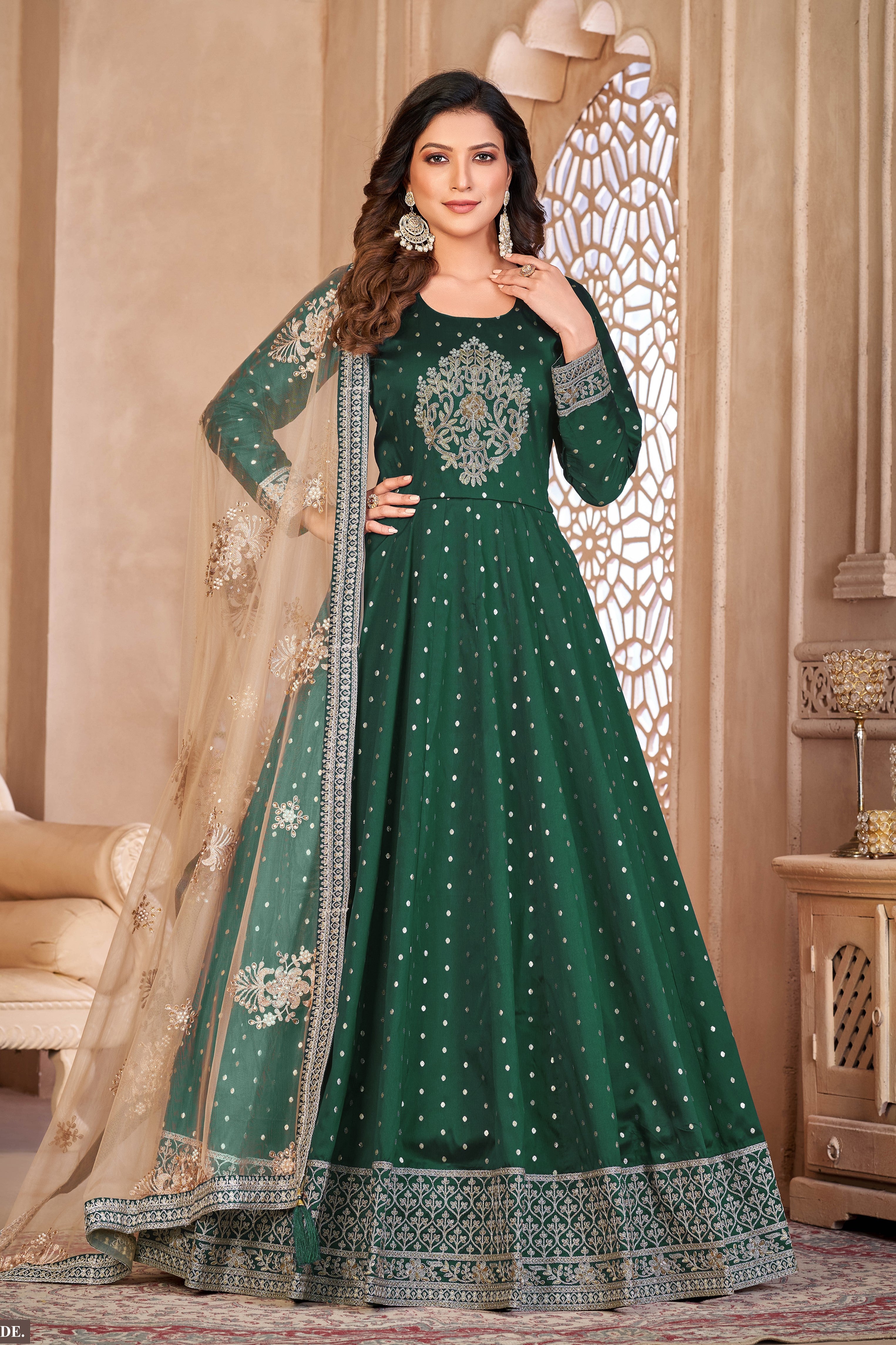 Green Taffeta Silk Anarkali Suit for Ladies with Thread and Sequins Embroidery