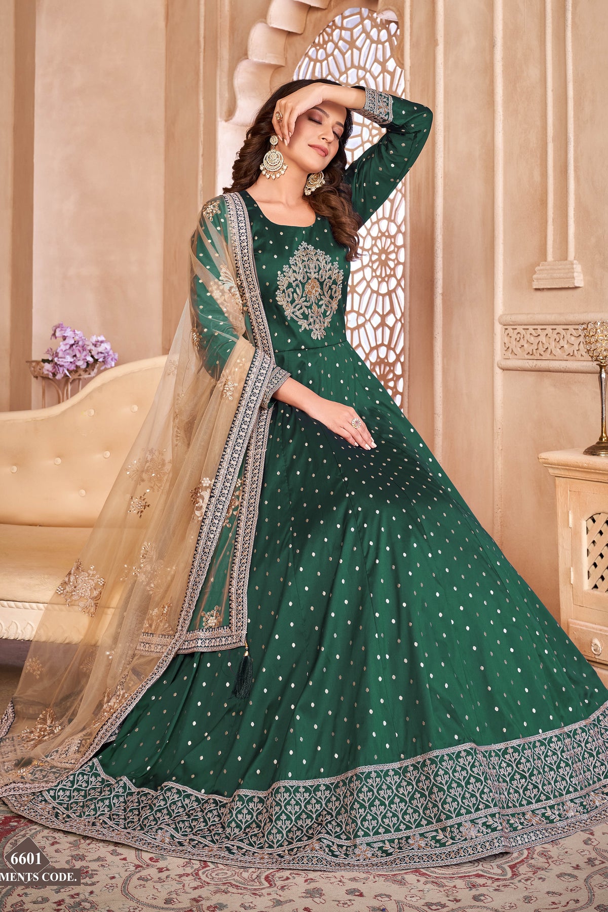 Green Taffeta Silk Anarkali Suit for Ladies with Thread and Sequins Embroidery