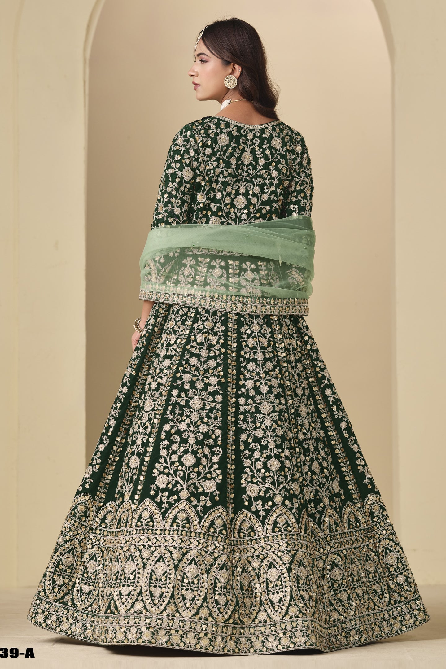 Green Velvet Suit Women Anarkali with Thread and Sequins Work