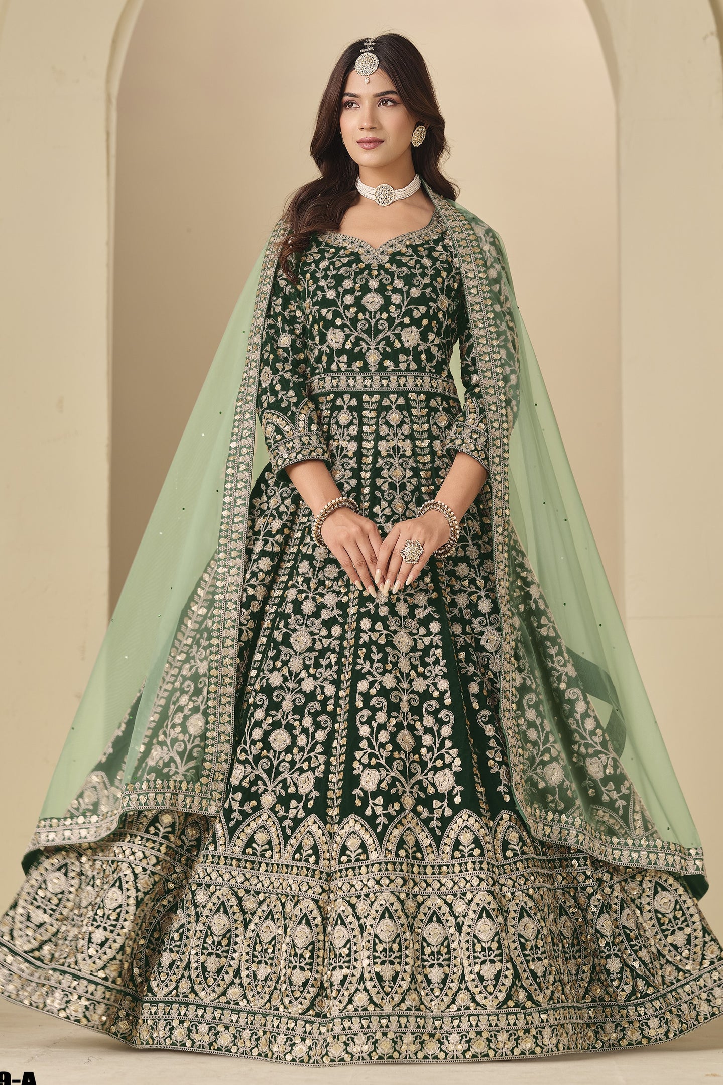 Green Velvet Suit Women Anarkali with Thread and Sequins Work