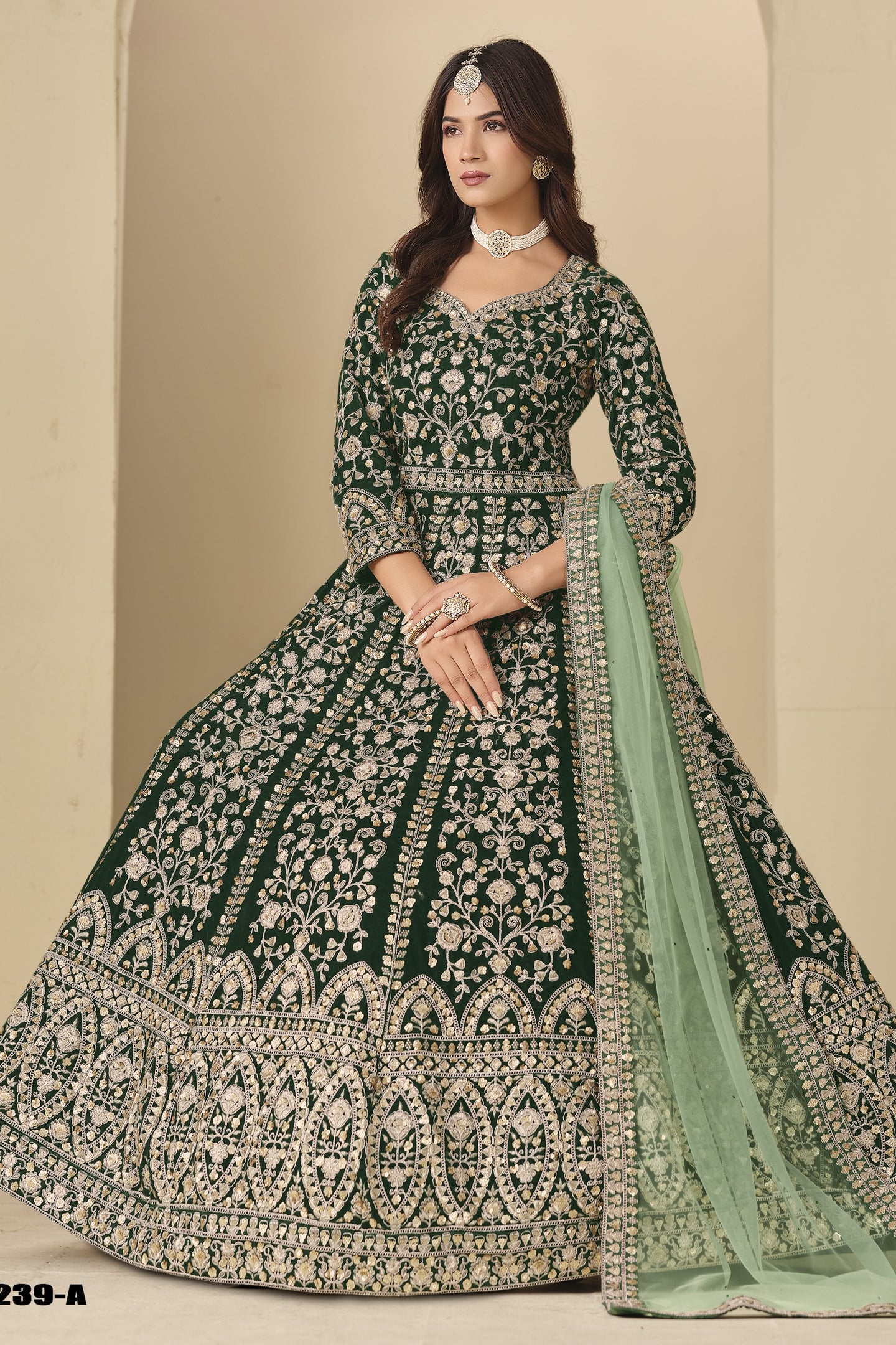 Green Velvet Suit Women Anarkali with Thread and Sequins Work