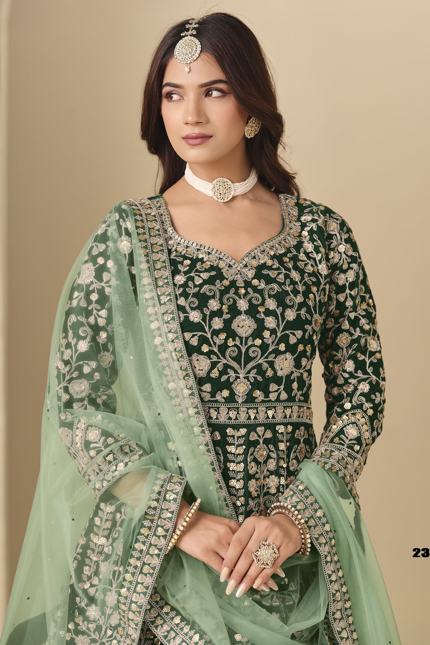 Green Velvet Suit Women Anarkali with Thread and Sequins Work