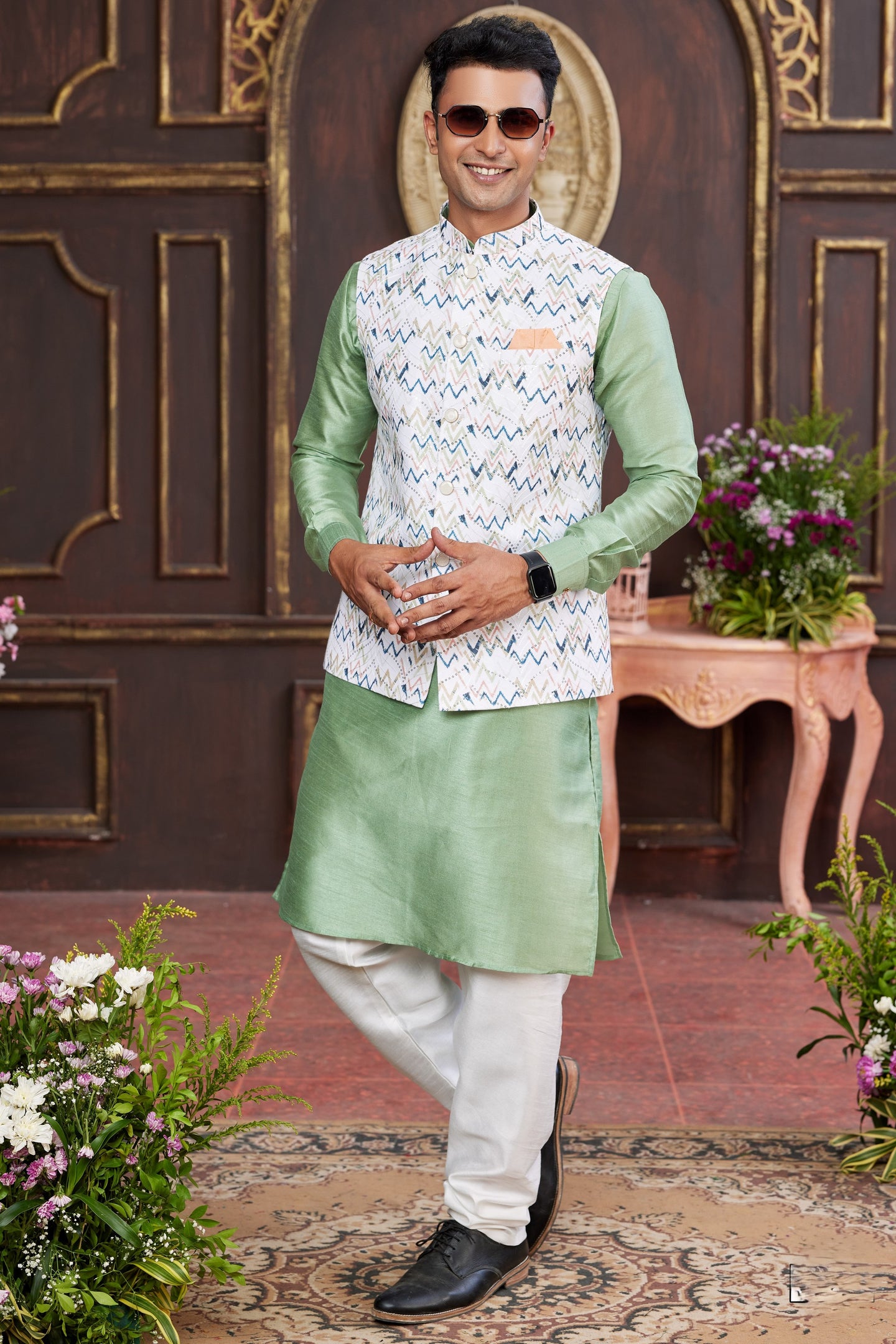 Green White Art Silk Kurta Pajama with Waistcoat Jacket for Men for Wedding & Festivals - Print Work