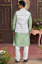 Green White Art Silk Kurta Pajama with Waistcoat Jacket for Men for Wedding & Festivals - Print Work