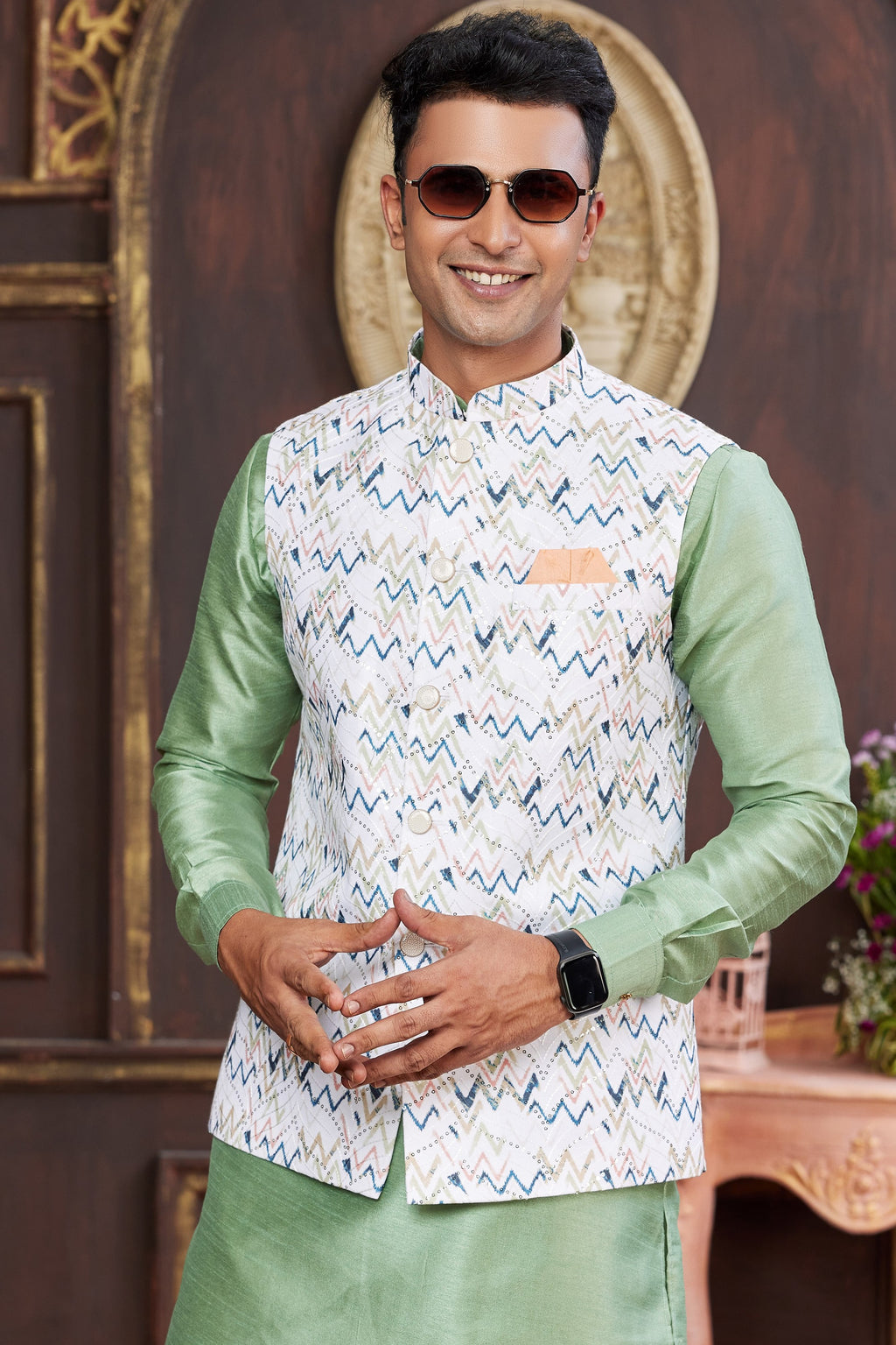 Green White Art Silk Kurta Pajama with Waistcoat Jacket for Men for Wedding & Festivals - Print Work