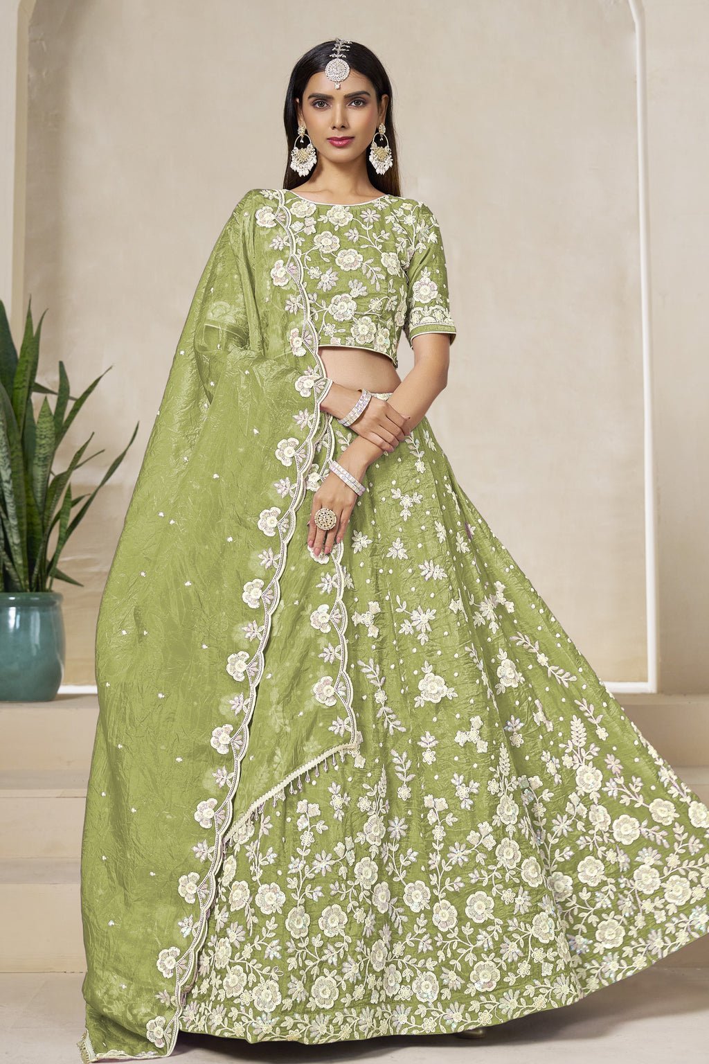 Green Sage Crushed Organza Lehenga Choli for Wedding with Thread & Sequin Embroidery