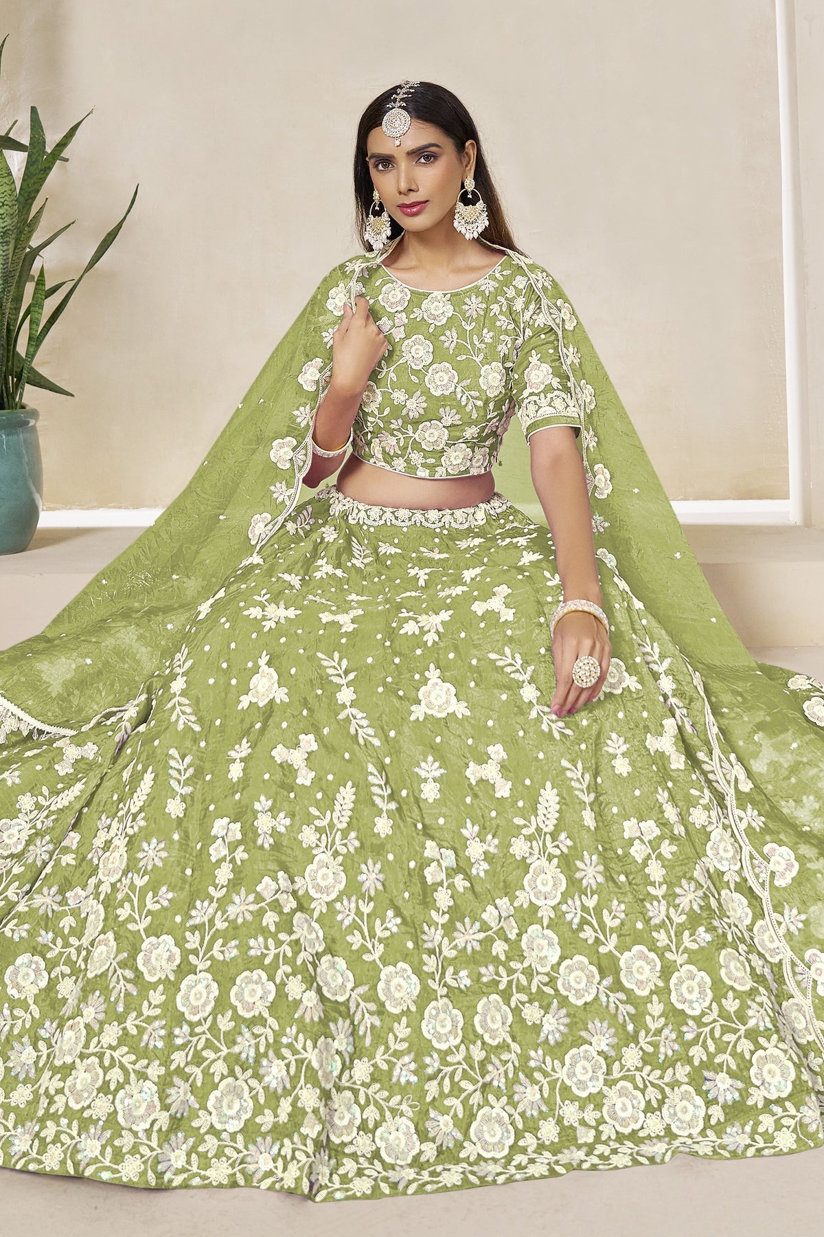 Green Sage Crushed Organza Lehenga Choli for Wedding with Thread & Sequin Embroidery