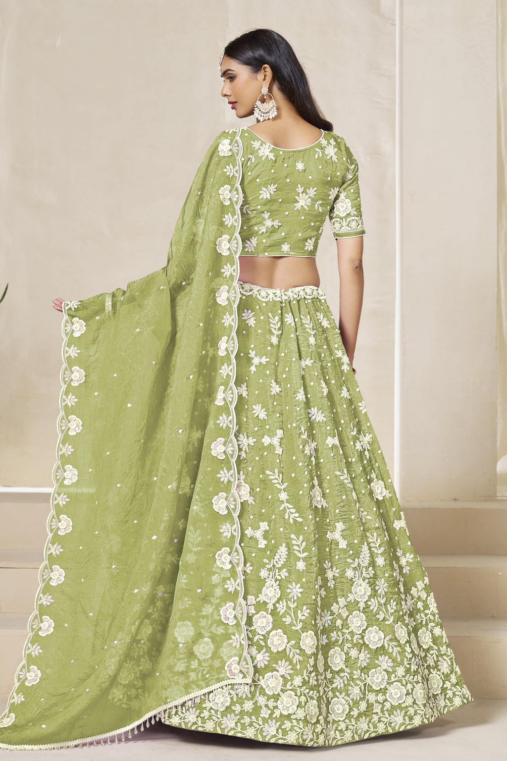 Green Sage Crushed Organza Lehenga Choli for Wedding with Thread & Sequin Embroidery