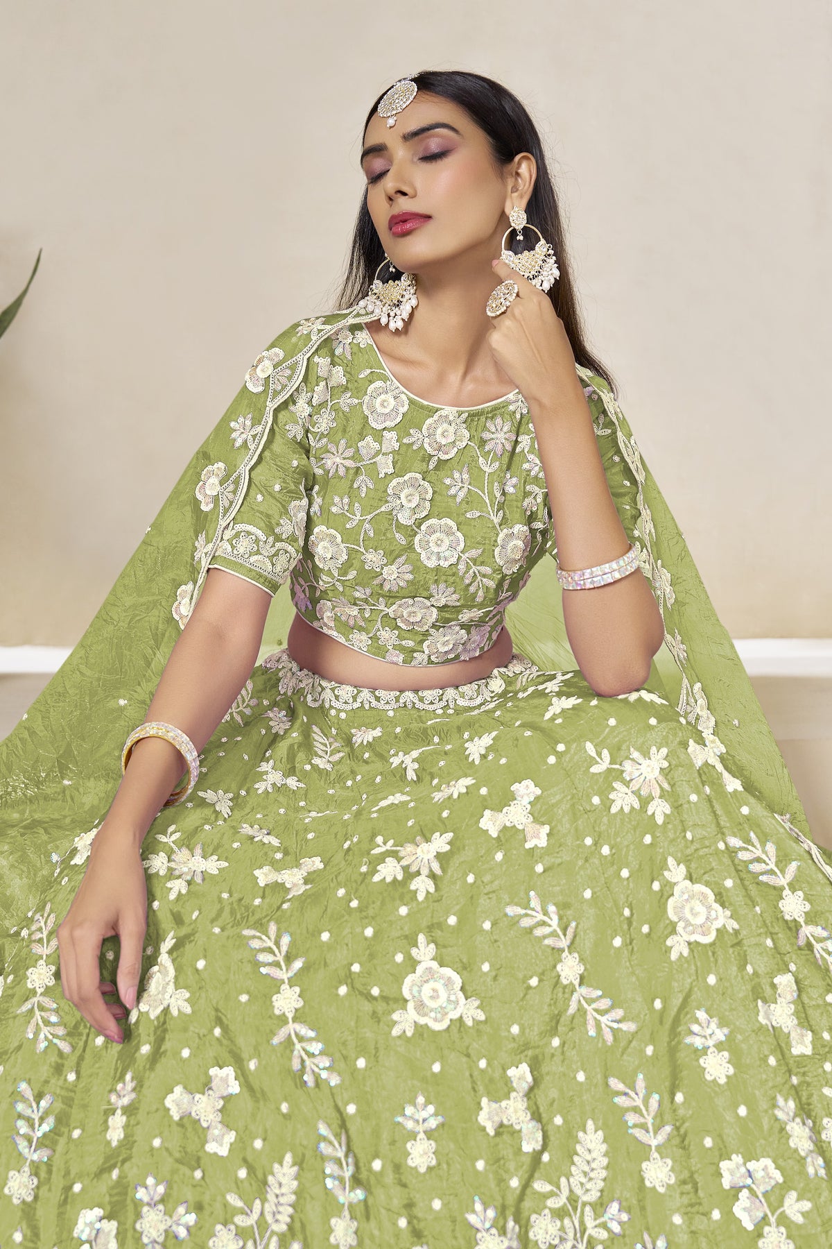 Green Sage Crushed Organza Lehenga Choli for Wedding with Thread & Sequin Embroidery