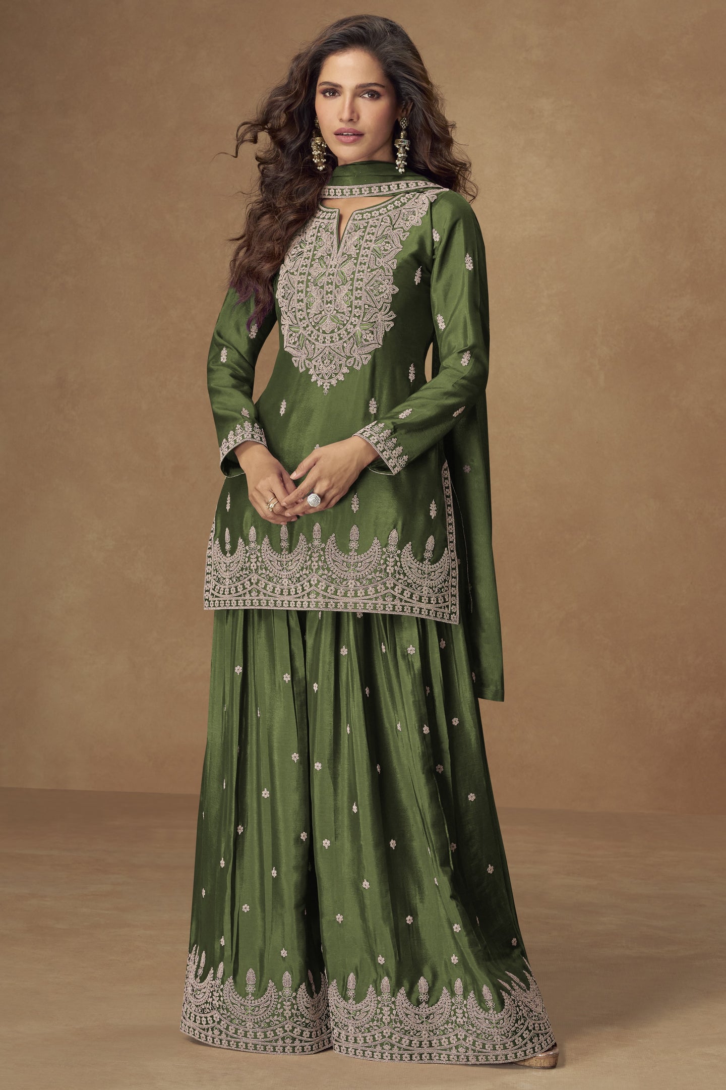 Green Chinon Silk Palazo with Thread and Sequins Embroidery for Pakistani Suits Online USA