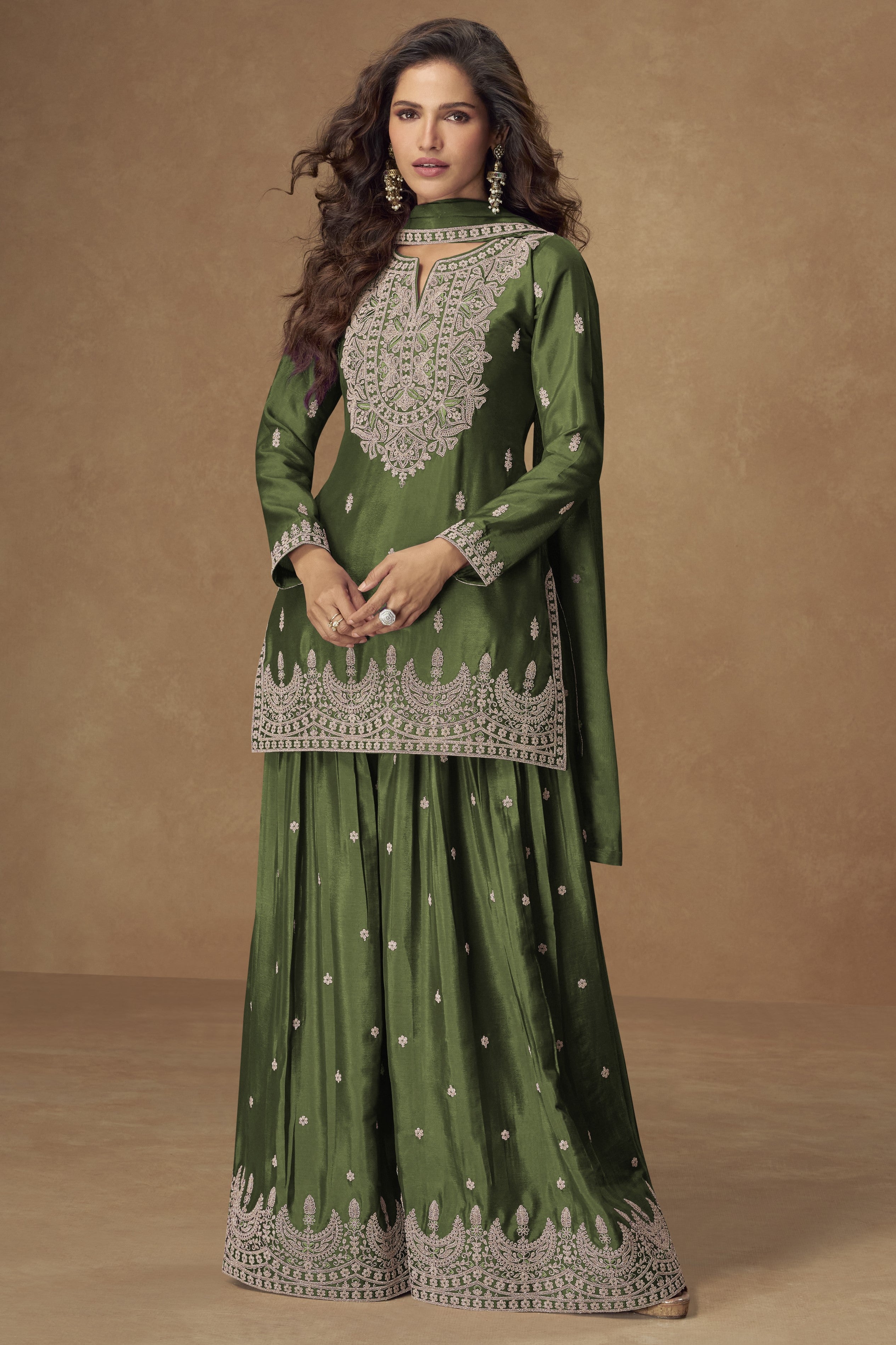 Green Chinon Silk Palazo with Thread and Sequins Embroidery for Pakistani Suits Online USA