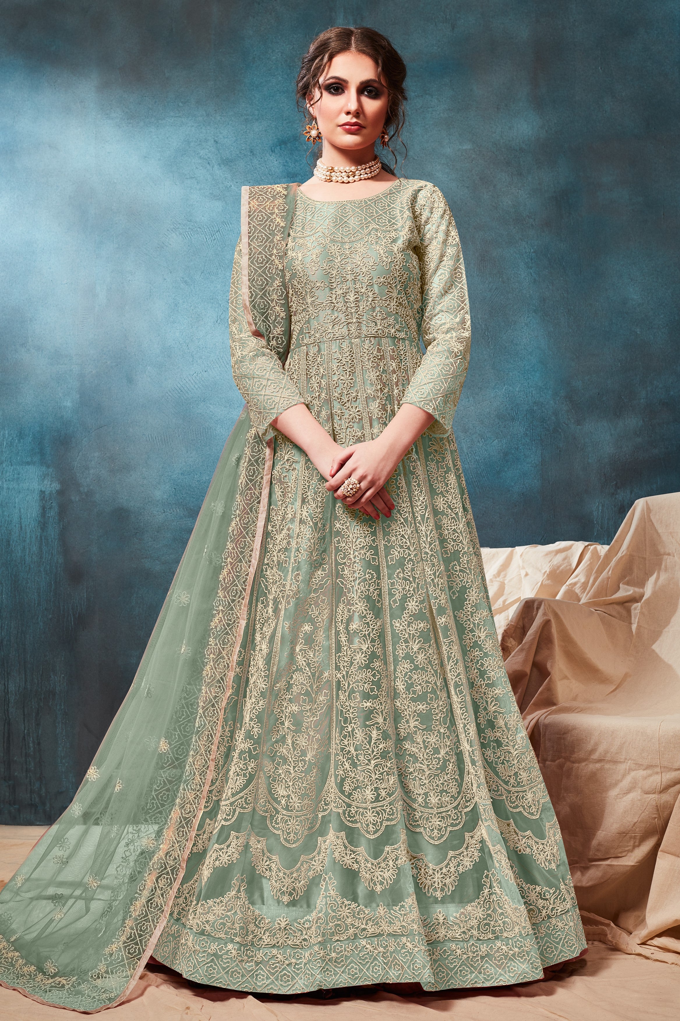 Green Net Anarkali with Dori Embroidery Indian Dresses for Women