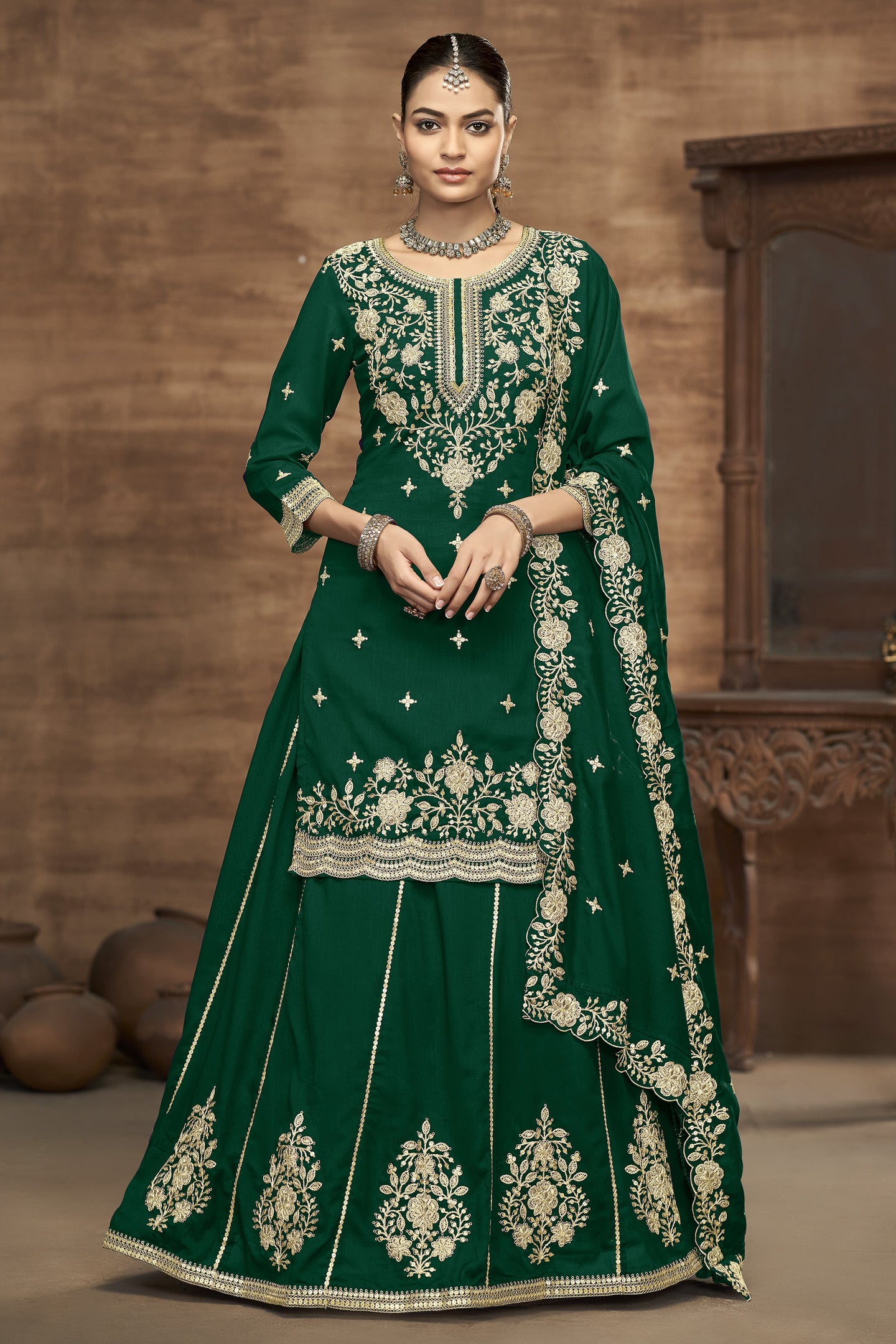 Green Vichitra Silk Pakistani Skirt Suit with Sequins Work