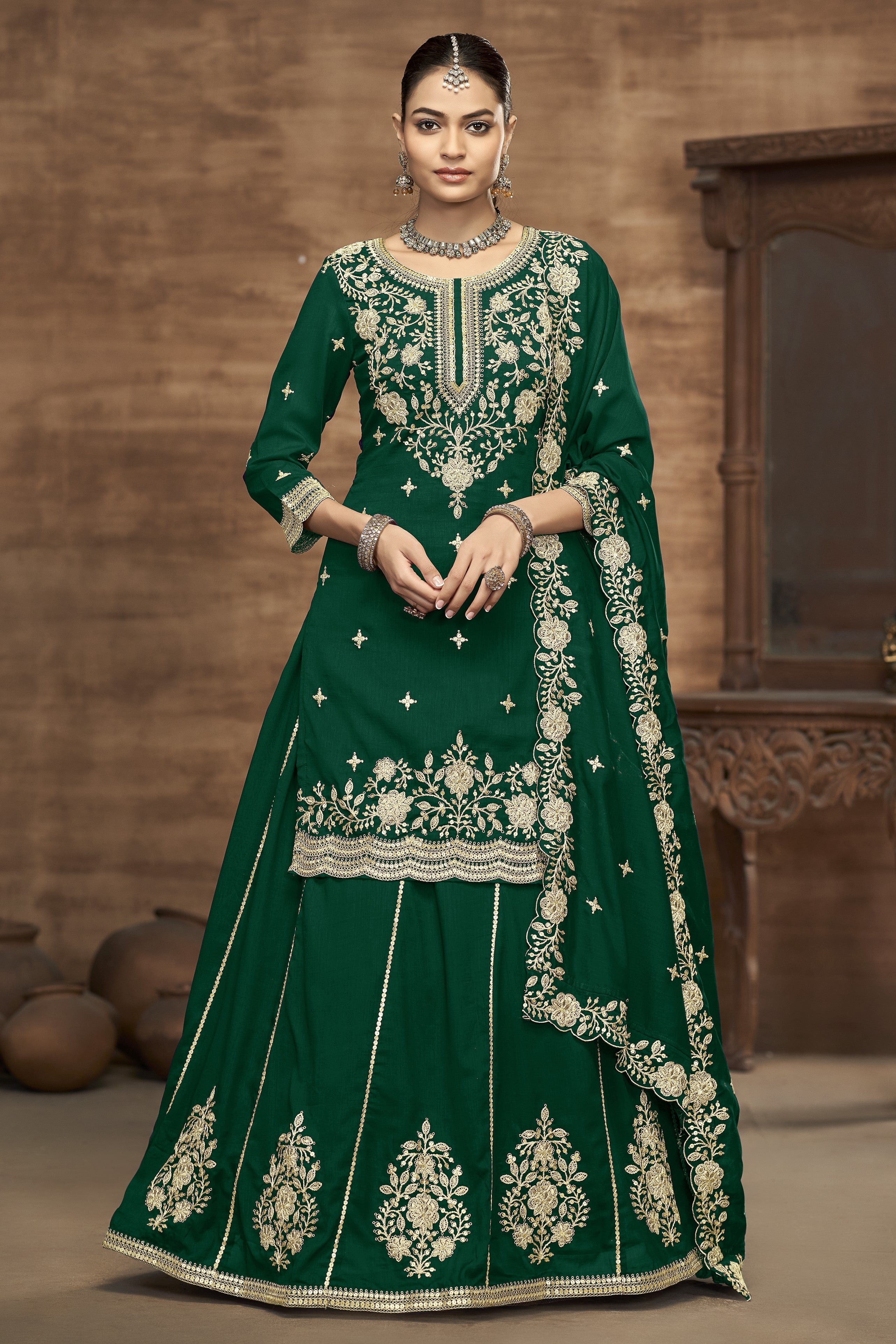 Green Vichitra Silk Pakistani Skirt Suit with Sequins Work
