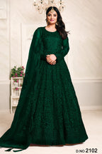 Green Net Anarkali Outfits for Mehndi with Sequins and Thread Embroidery