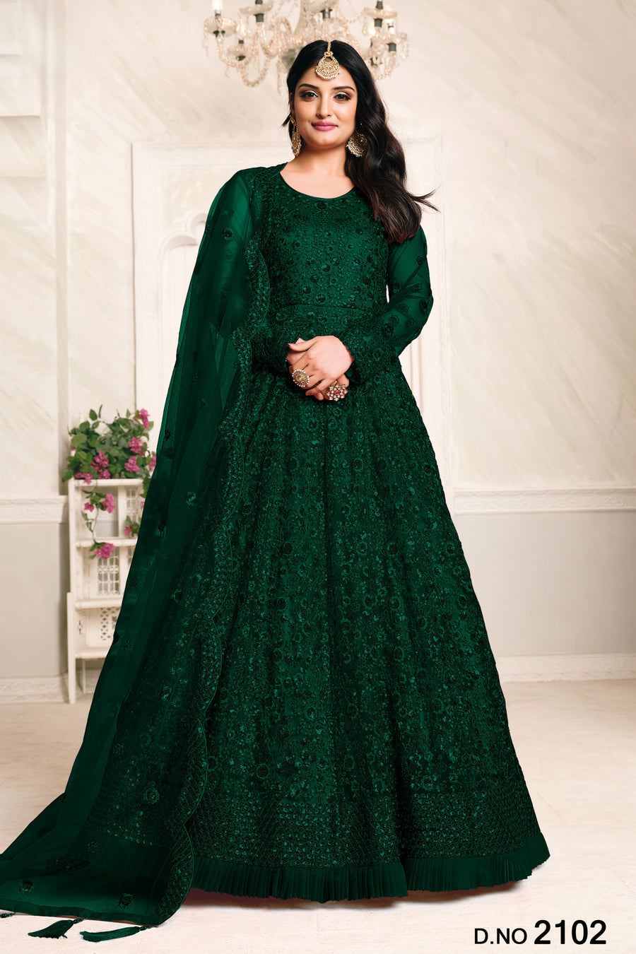 Green Net Anarkali Outfits for Mehndi with Sequins and Thread Embroidery