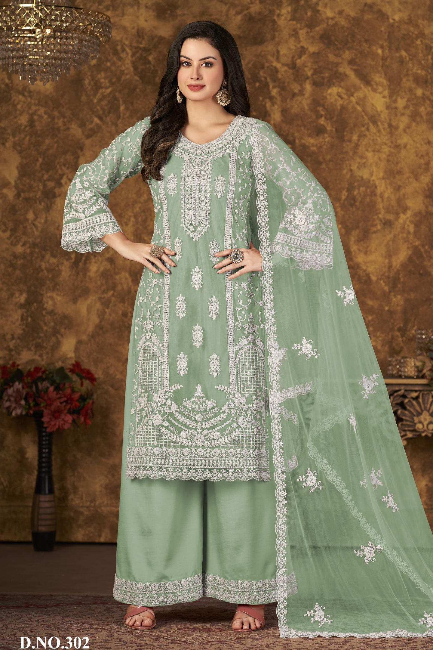 Green Net Plazo with Thread Embroidery for Pakistani Style Wedding Dresses