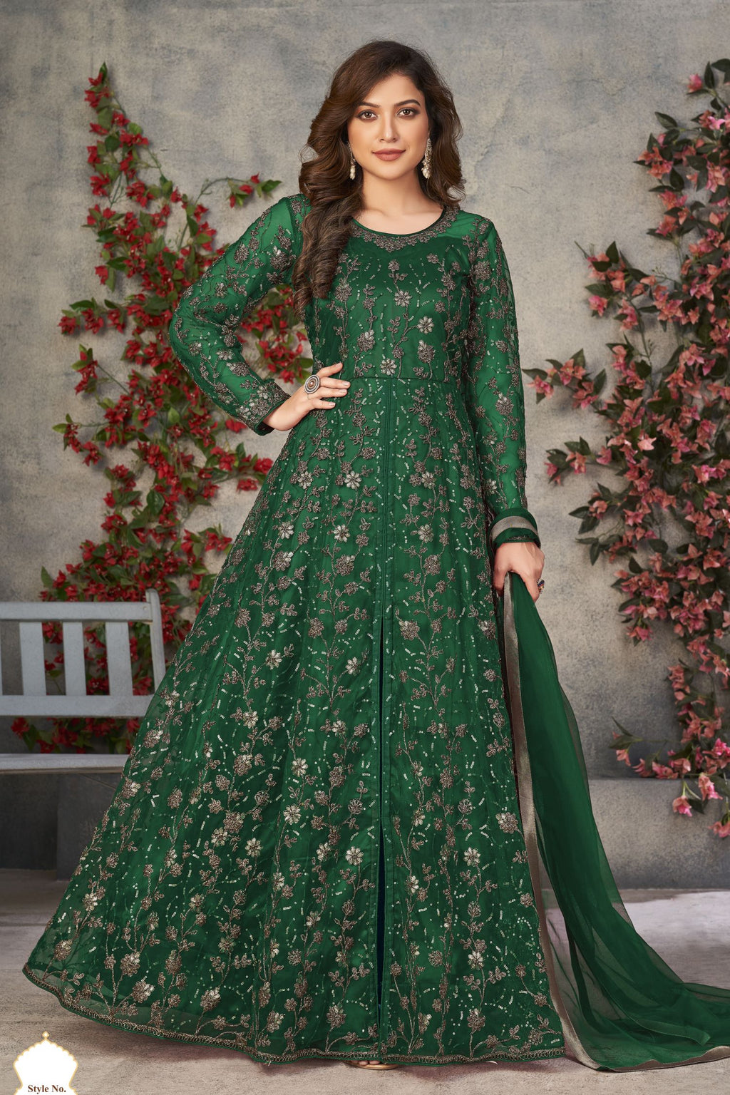 Green Net Anarkali Designer Wedding Suits for Women with Sequins and Thread Embroidery
