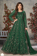 Green Net Anarkali Designer Wedding Suits for Women with Sequins and Thread Embroidery