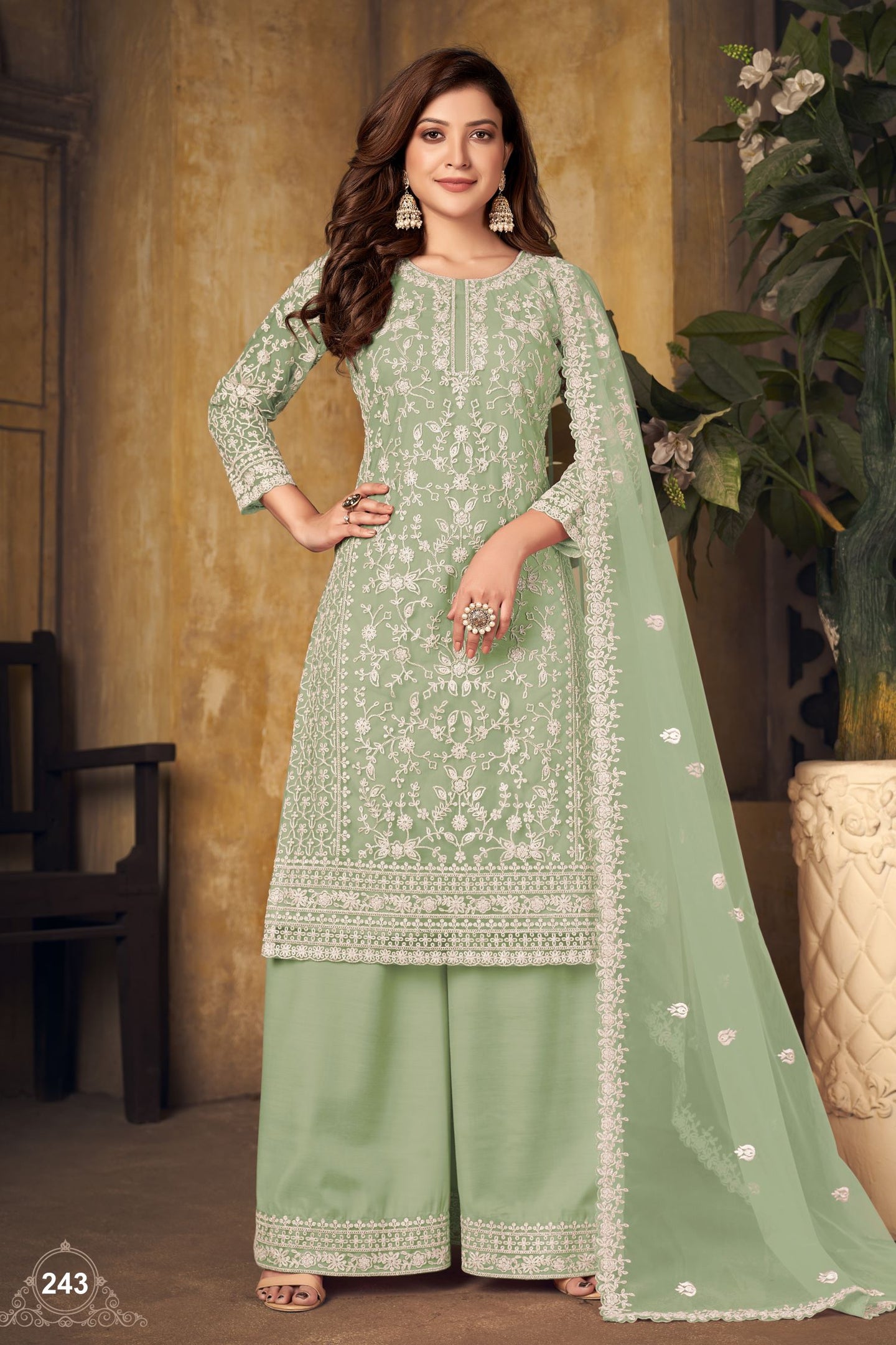 Green Net Plazo with Thread Work for Sangeet Outfits for Women