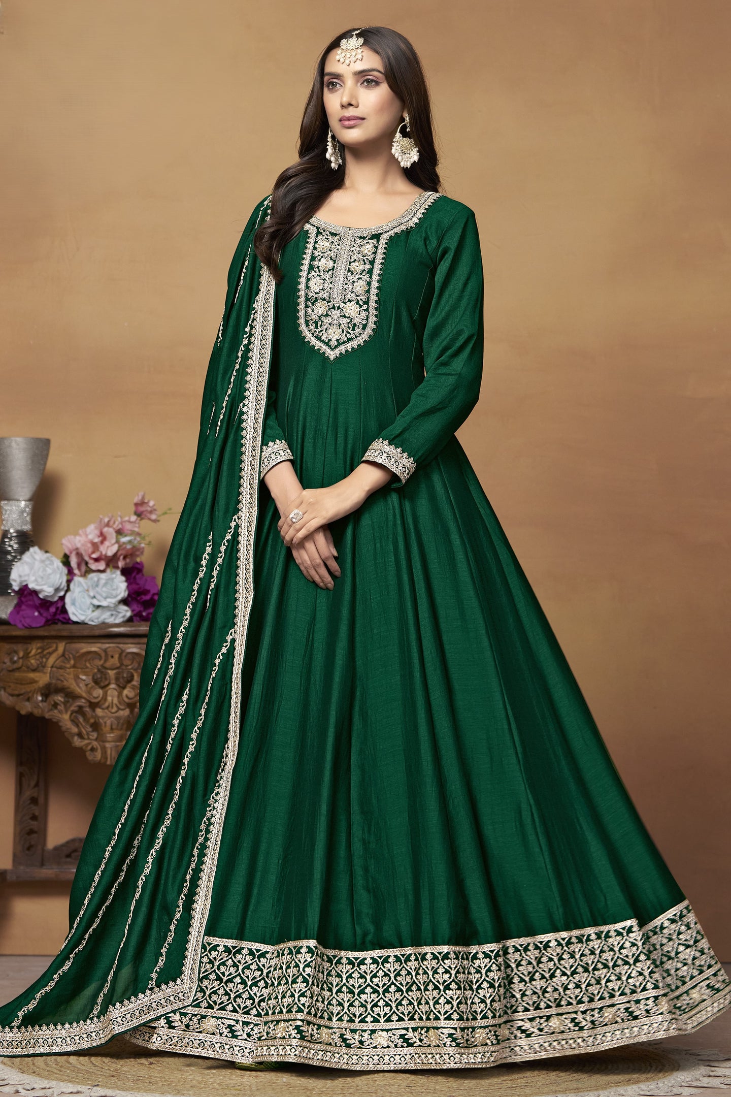 Green Art Silk Plain Anarkali Suit with Sequins and Dori Work