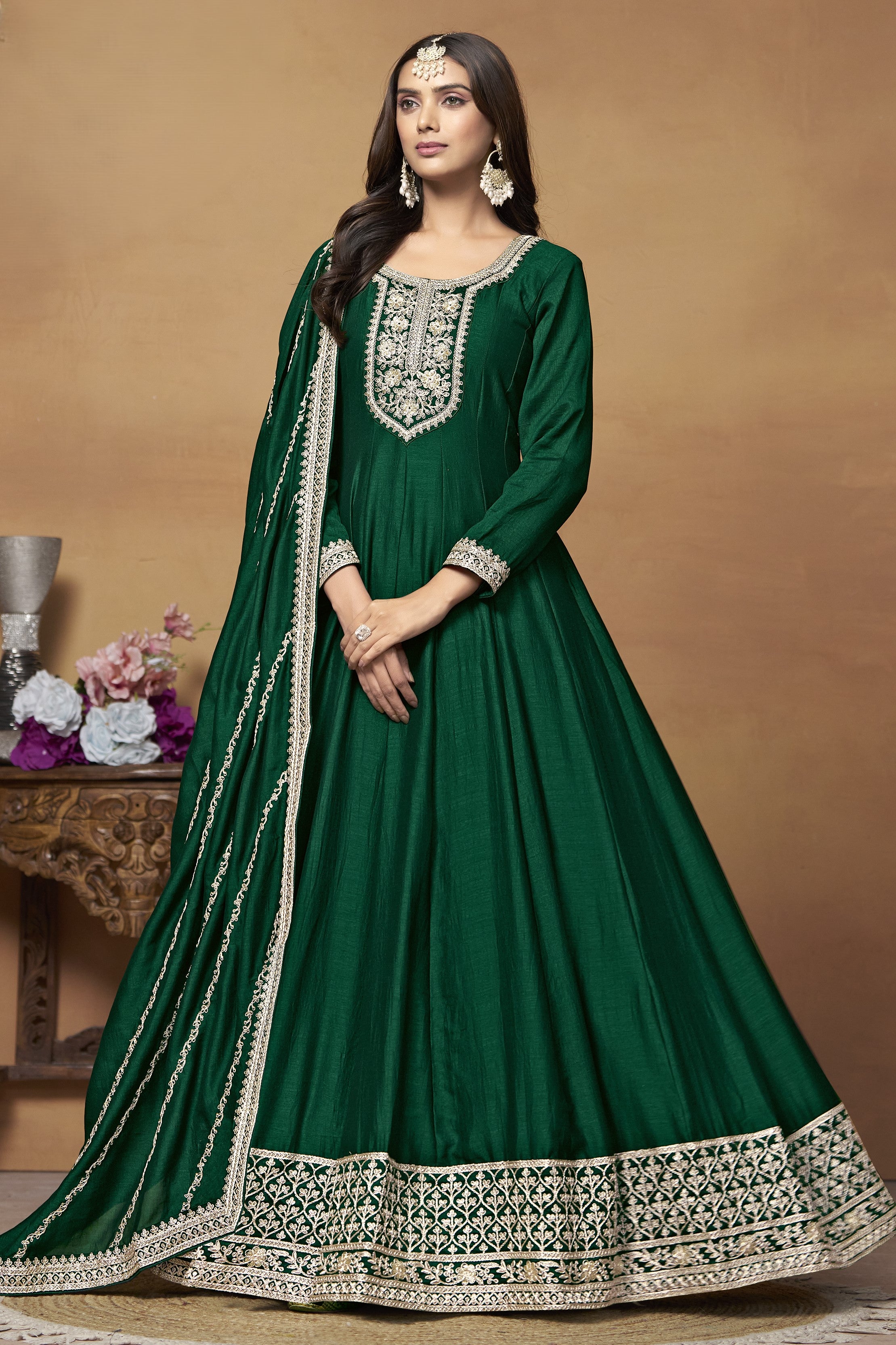 Green Art Silk Plain Anarkali Suit with Sequins and Dori Work