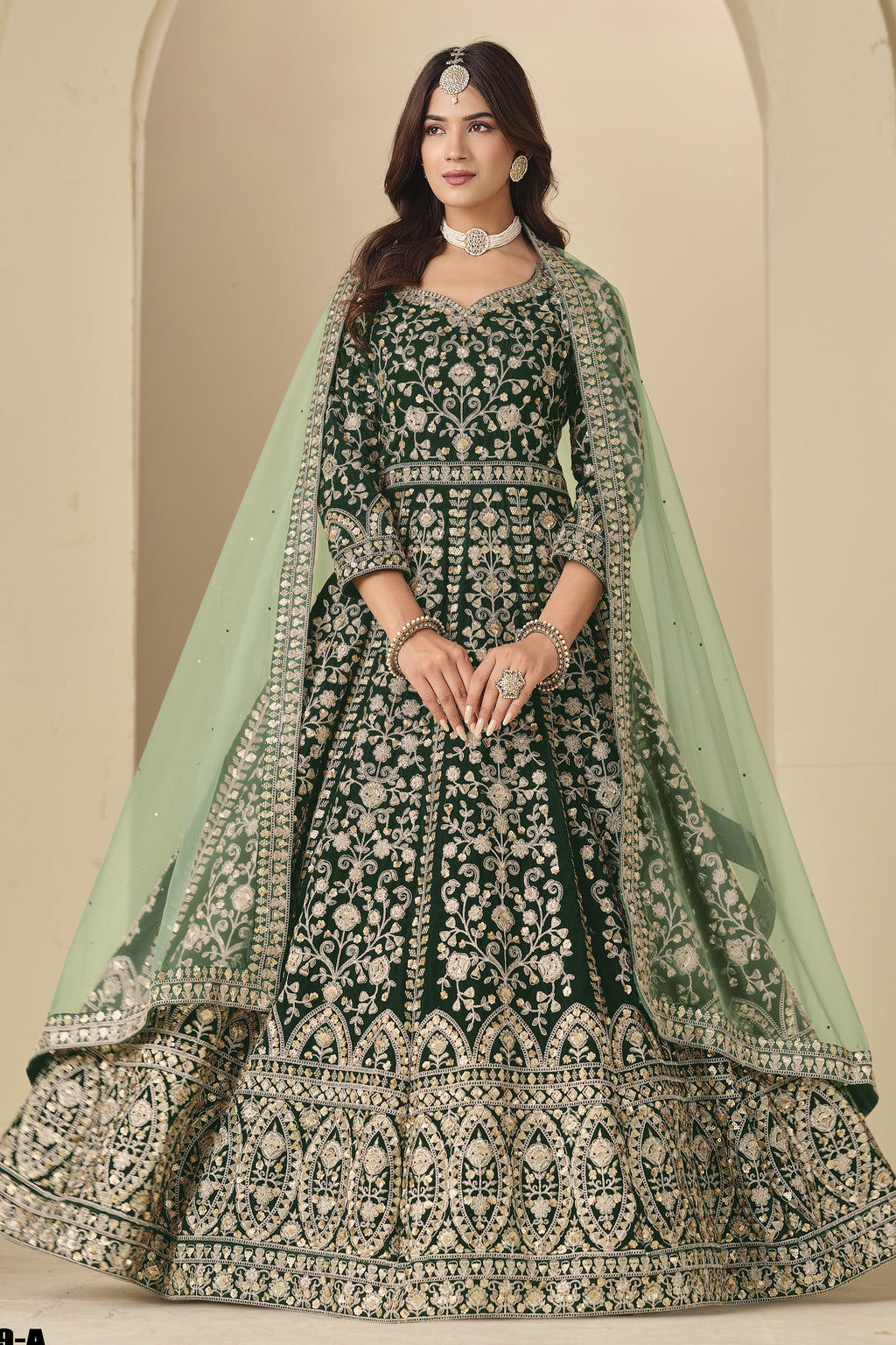 Green Velvet Suit Women Anarkali with Thread and Sequins Work