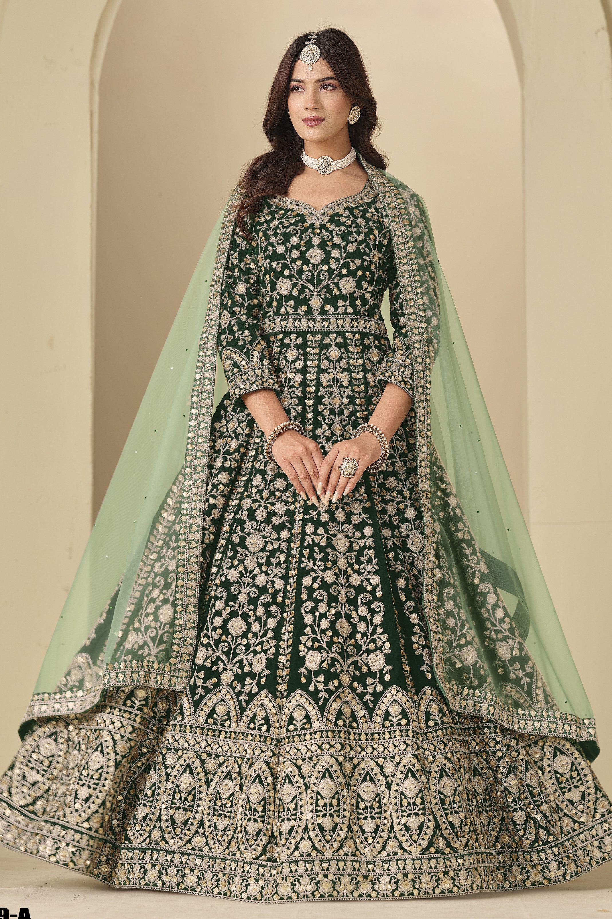 Green Velvet Suit Women Anarkali with Thread and Sequins Work