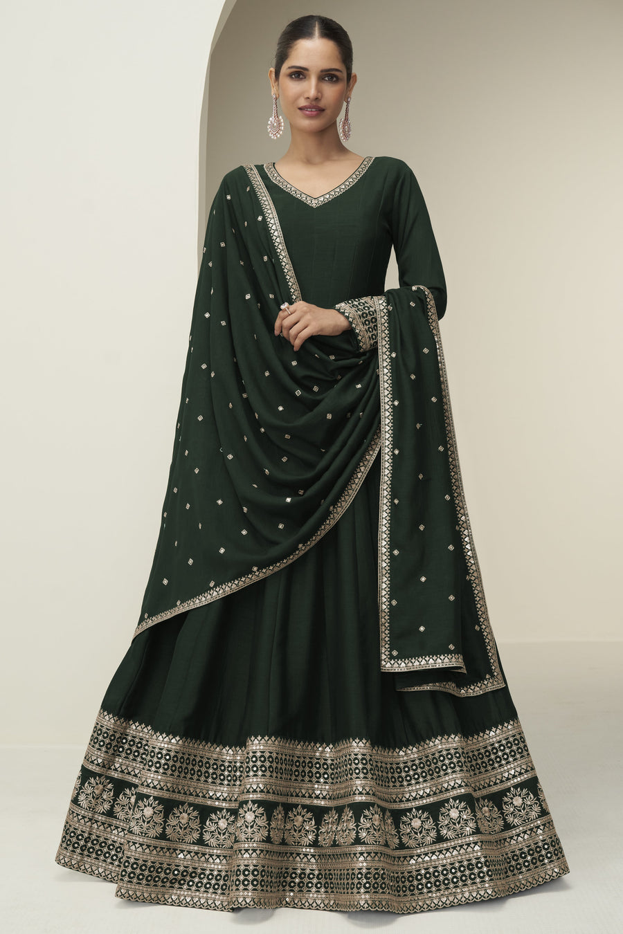 Green Premium Silk Anarkali Dress for Wedding with Thread and Sequins Work