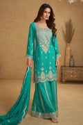 Green Chinon Silk Palazo Suit Design for Wedding with Thread and Sequins Work