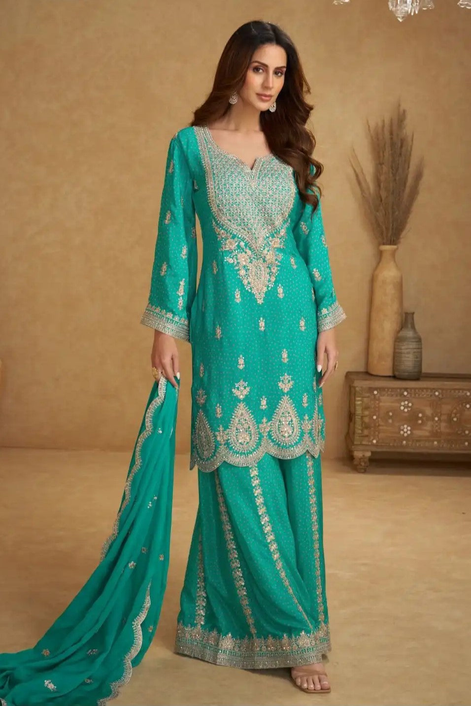 Green Chinon Silk Palazo Suit Design for Wedding with Thread and Sequins Work