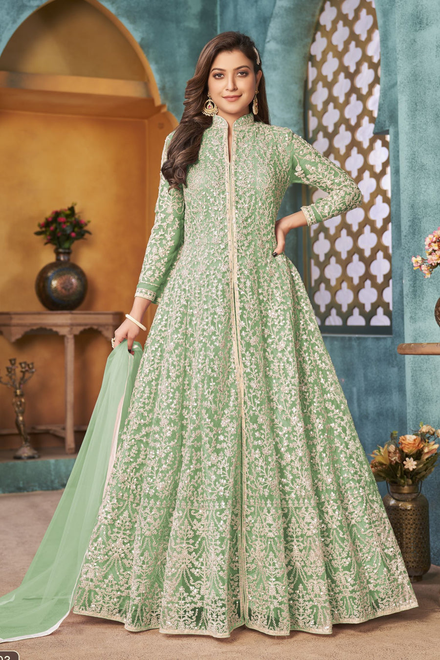 Green Net Anarkali Indian Party Wear Dresses with Sequins Work