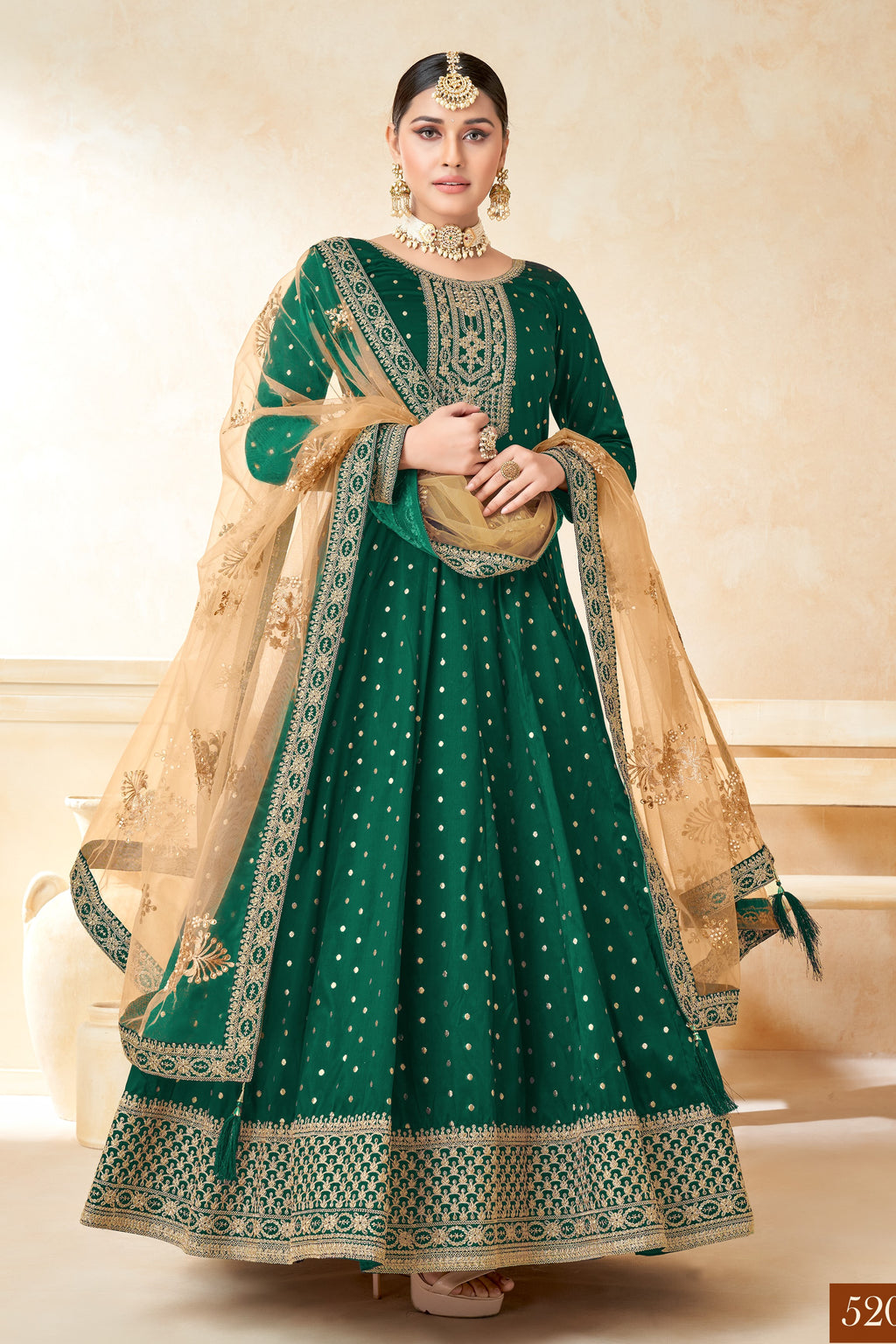 Green Taffeta Silk Anarkali Gown Dress for Ladies with Embroidery Work