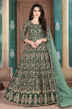 Green Georgette Thread Embroidery Anarkali Dresses for an Indian Wedding Guest