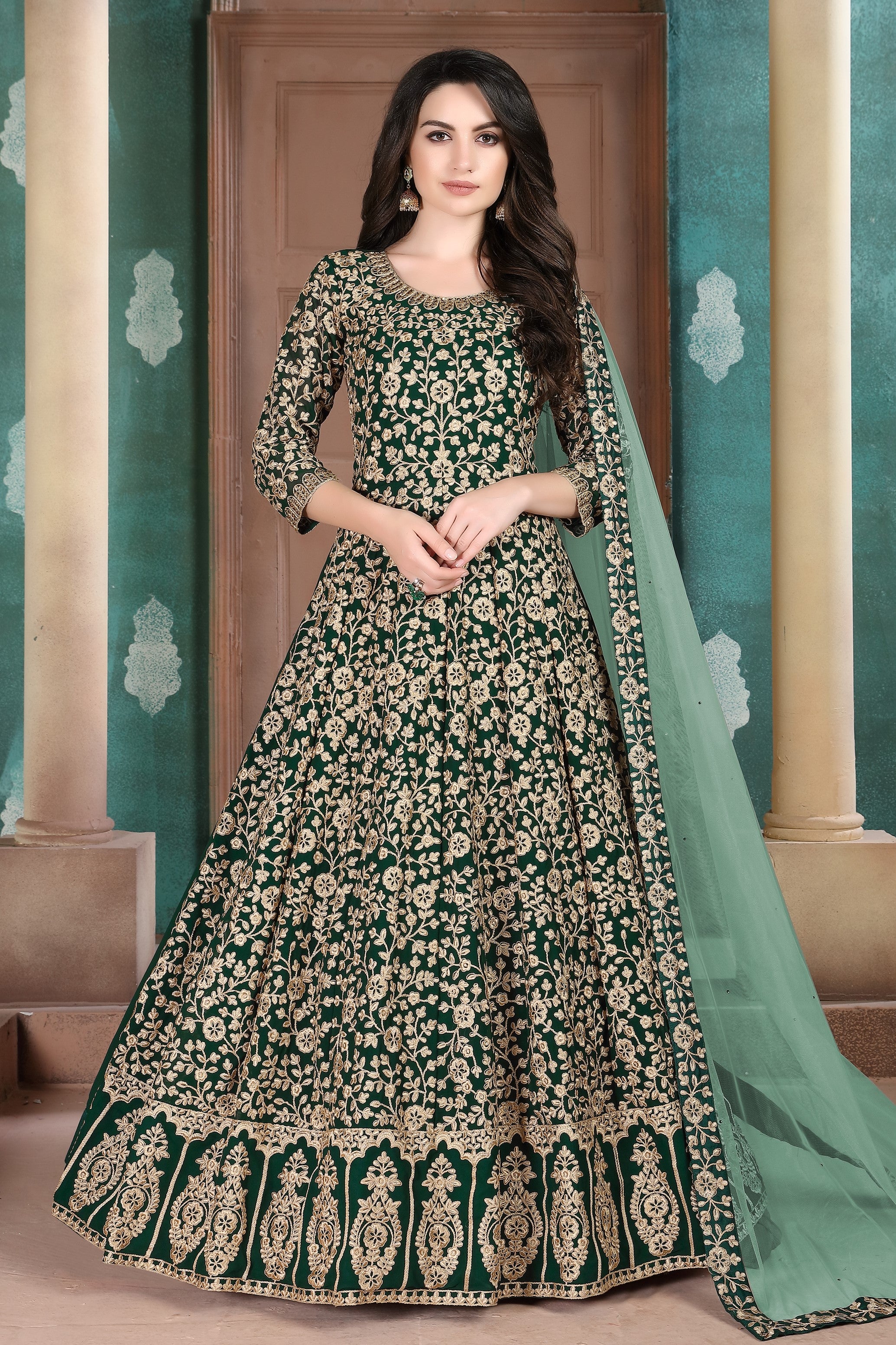 Green Georgette Thread Embroidery Anarkali Dresses for an Indian Wedding Guest