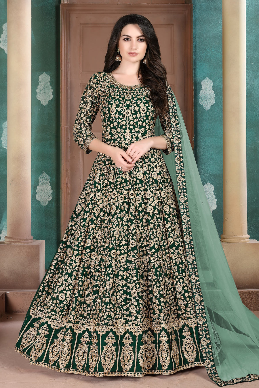 Green Georgette Thread Embroidery Anarkali Dresses for an Indian Wedding Guest