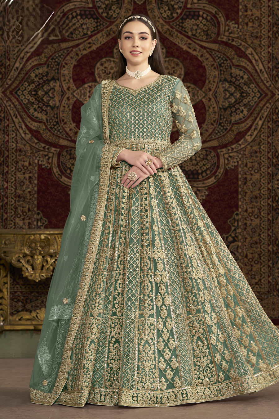 Green Net Pakistani Anarkali Suit with Sequins and Dori Work