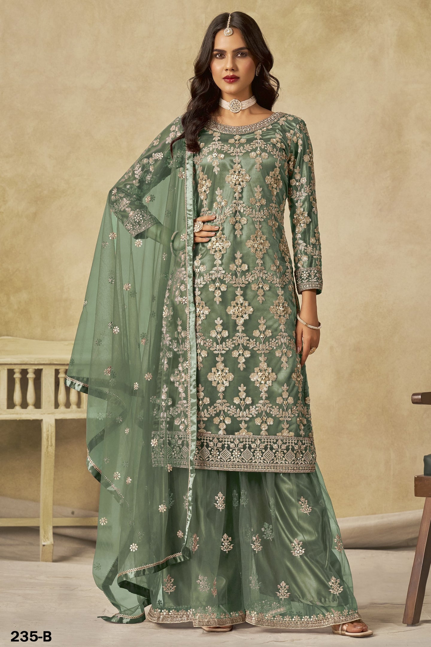 Green Net Plazo Suit Design for Wedding with Thread and Sequins Embroidery