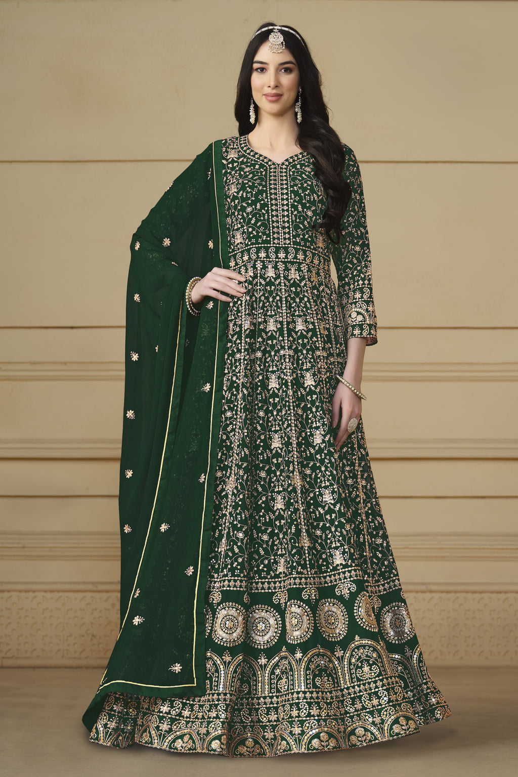 Green Georgette Anarkali Dress with Thread and Sequins Embroidery